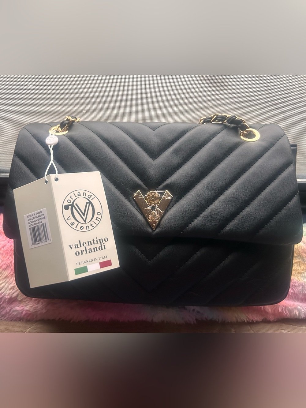 Valentino Orlandi Black Quilted Vegan Leather Crossbody with Gold V Emblem- NWT